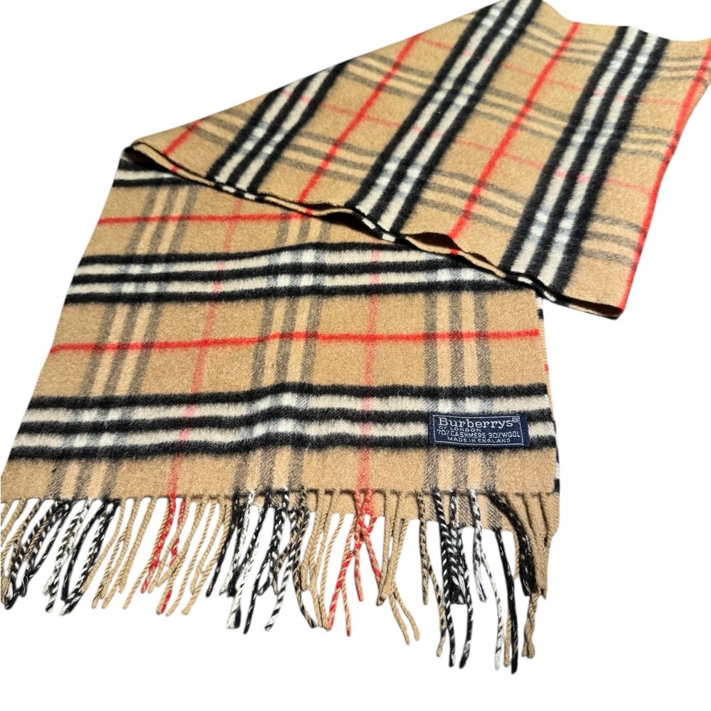 Burberry Tan and Black Checkered Scarf with Fringe